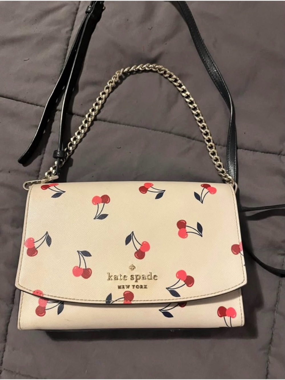 kate spade cream cherry-print crossbody with gold chain